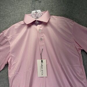 Collars & Co Dress Collar Polo Shirt Mens Small Pink Check Performance Stretch